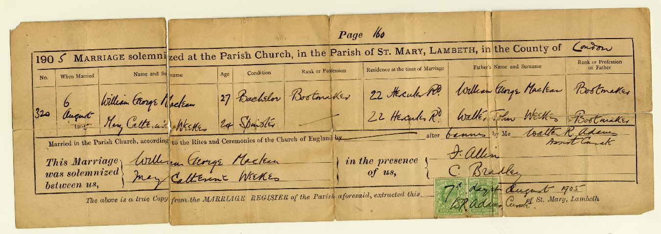 Marriage Certificate - William George MacLEAN & Mary Catherine WEEKES